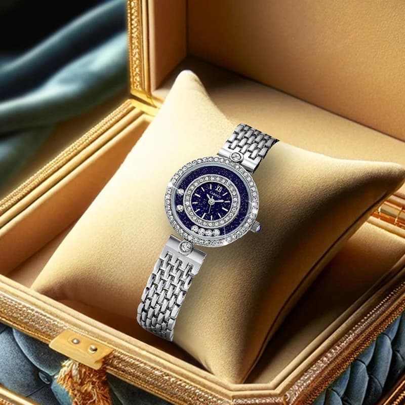 Orologio da polso al quarzo da donna, elegante e di alta gamma, con cassa in argento, quadrante blu, dettagli in diamanti e cinturino in acciaio.