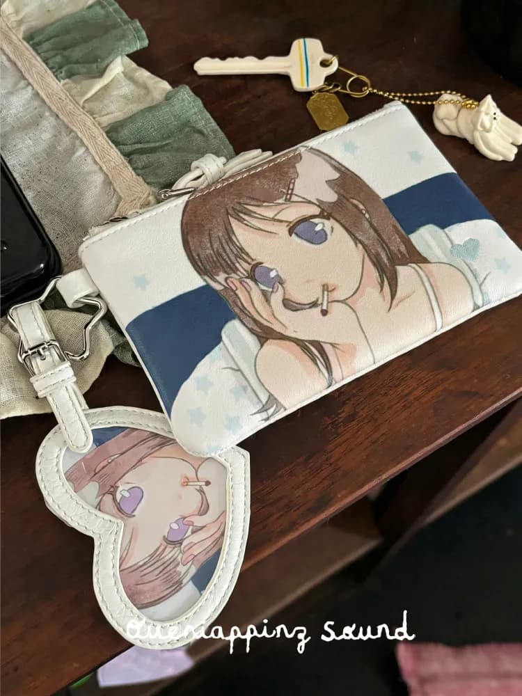 Oliwa X Overlappingsound Anime Girl Print Passport Wallet Coin Purse Portable Zipper Card Holder For Daily Travel Use