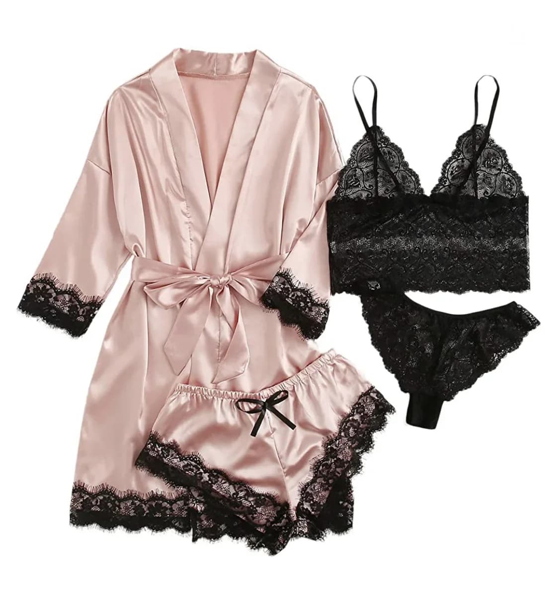 Pigiama sexy da donna, camicia da notte, lingerie, pantaloncini, set pigiama in pizzo a 4 pezzi, vestaglia da casa, abbigliamento per il tempo libero