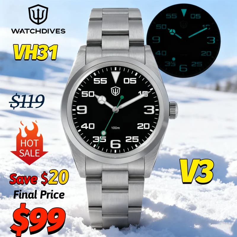 Watchdives WD1016 V3 Orologi al quarzo VH31 Sweep Movemennt K1 Zaffiro 100M Bracciale impermeabile in acciaio inossidabile Orologio vintage da uomo
