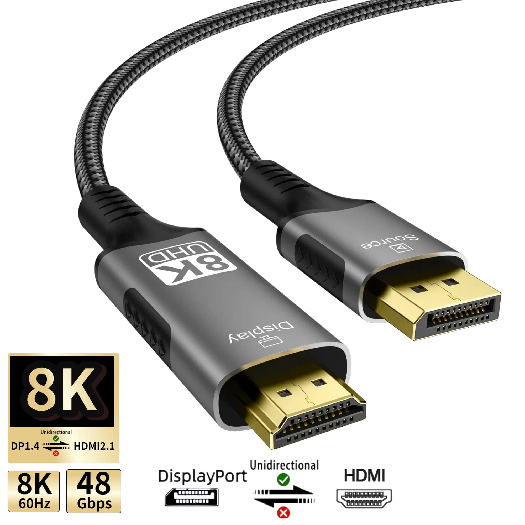 DisplayPort cable to HDMI from 8K to 60 Hz Only unidirectional cable from DP1.4 to HDMI 2.1 from 4K to 120 Hz, 2K to 240 Hz for PC HDTV Xbox projector