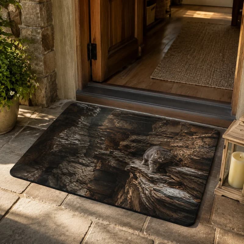 VIKAMA Layered Rock Canyon Tiger Spotted Cat Visual Illusion Home Door Mat Wear resistant Machine Washable Floor Mat