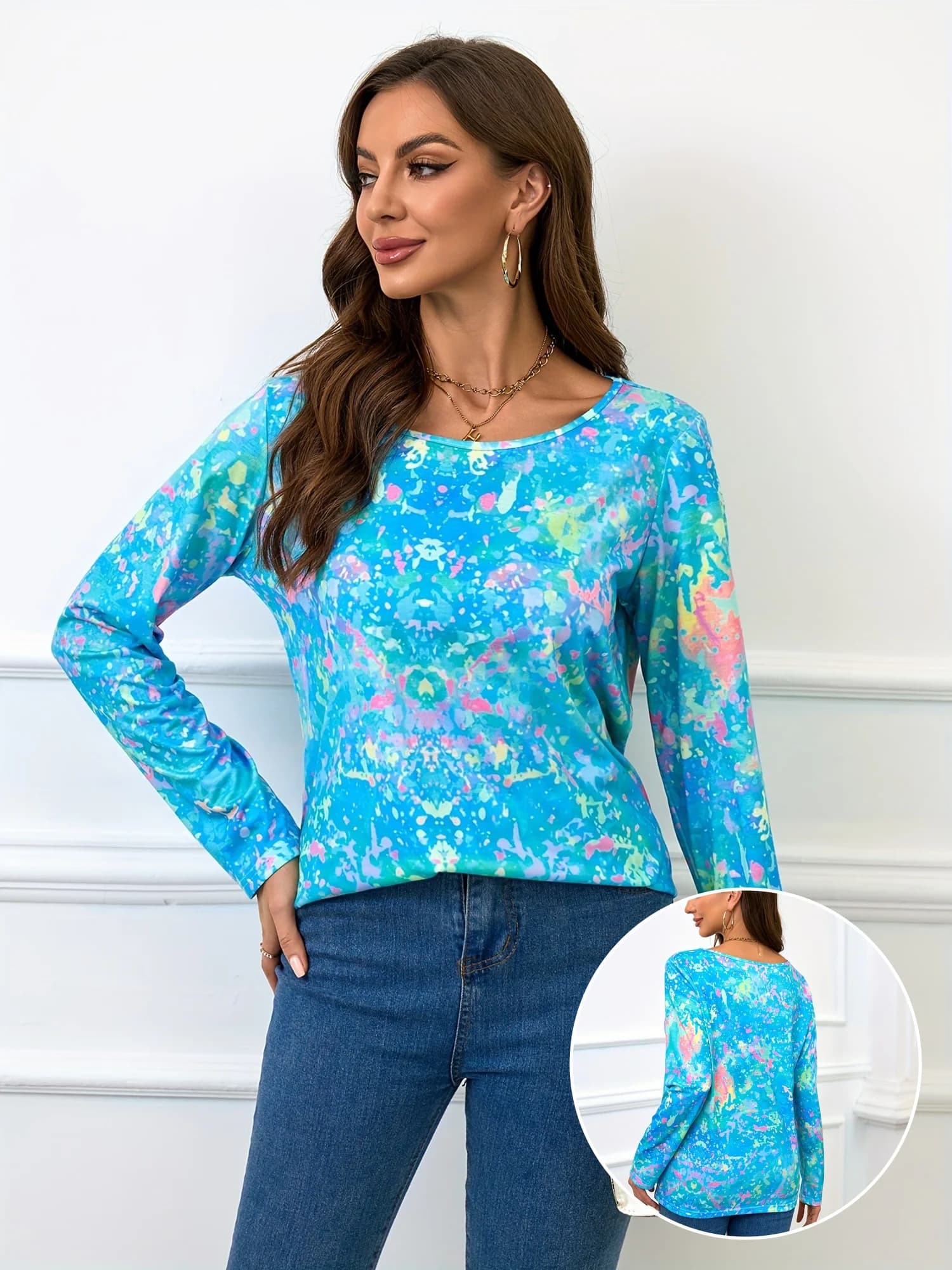 Women's Floral Print Top Blue Colorful Ditsy Flower Long Sleeve Crew Neck Casual T Shirt
