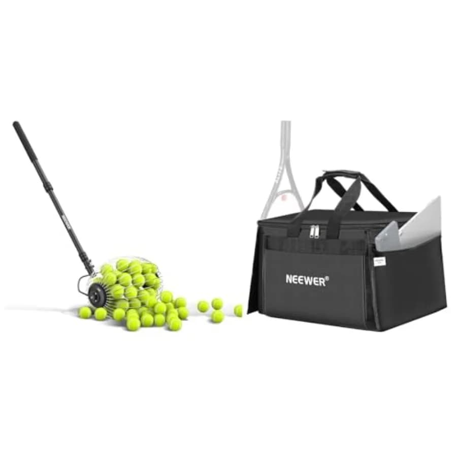 Raccoglitore Telescopico per Palline da Tennis con Borsa per il Trasporto 30-58/77-148cm, Cesto Raccoglipalline con Ruote per Tennis e Pickleball