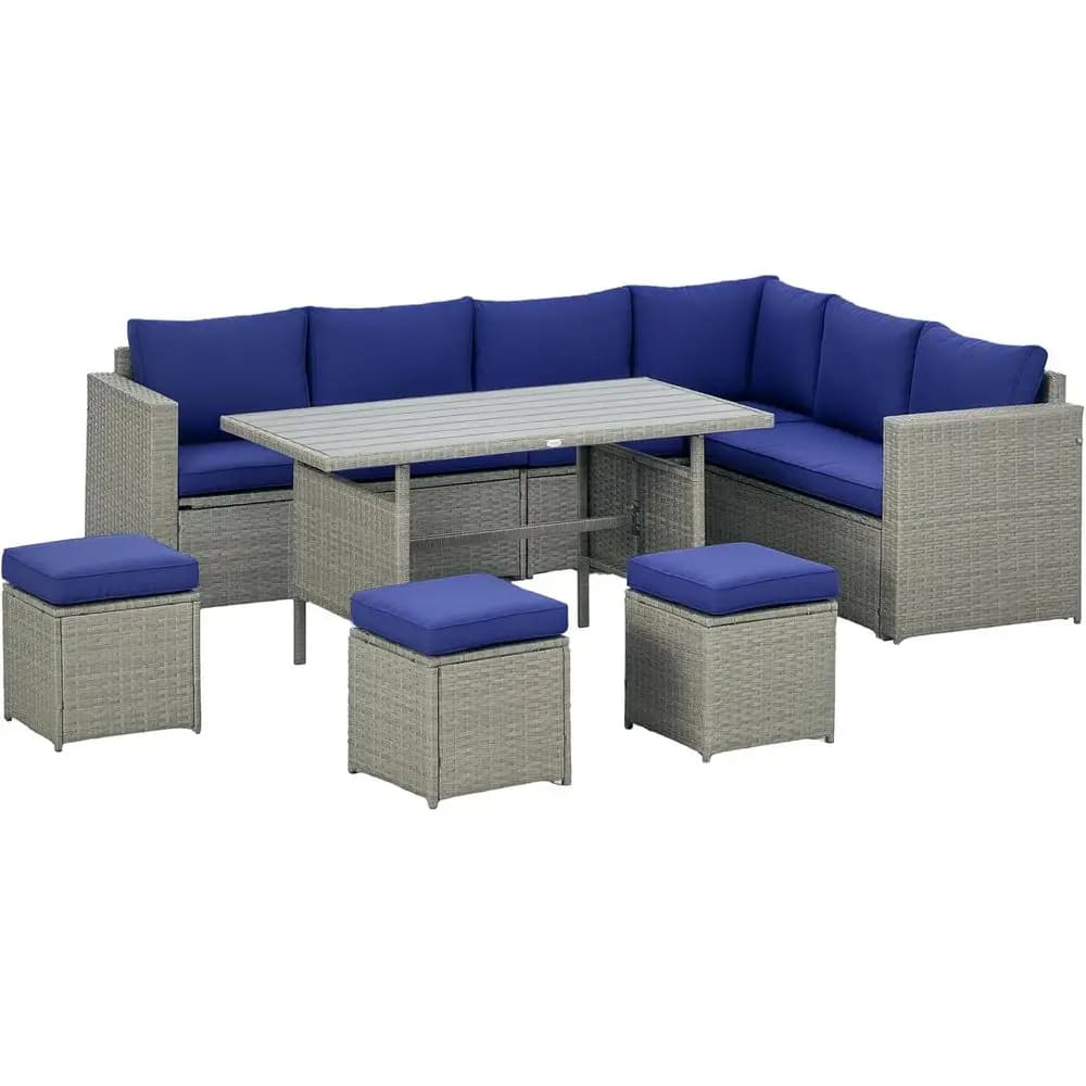 Set of outdoor blue L-shaped outdoor furniture with dining table, chairs, sofa, ottomans and pillows