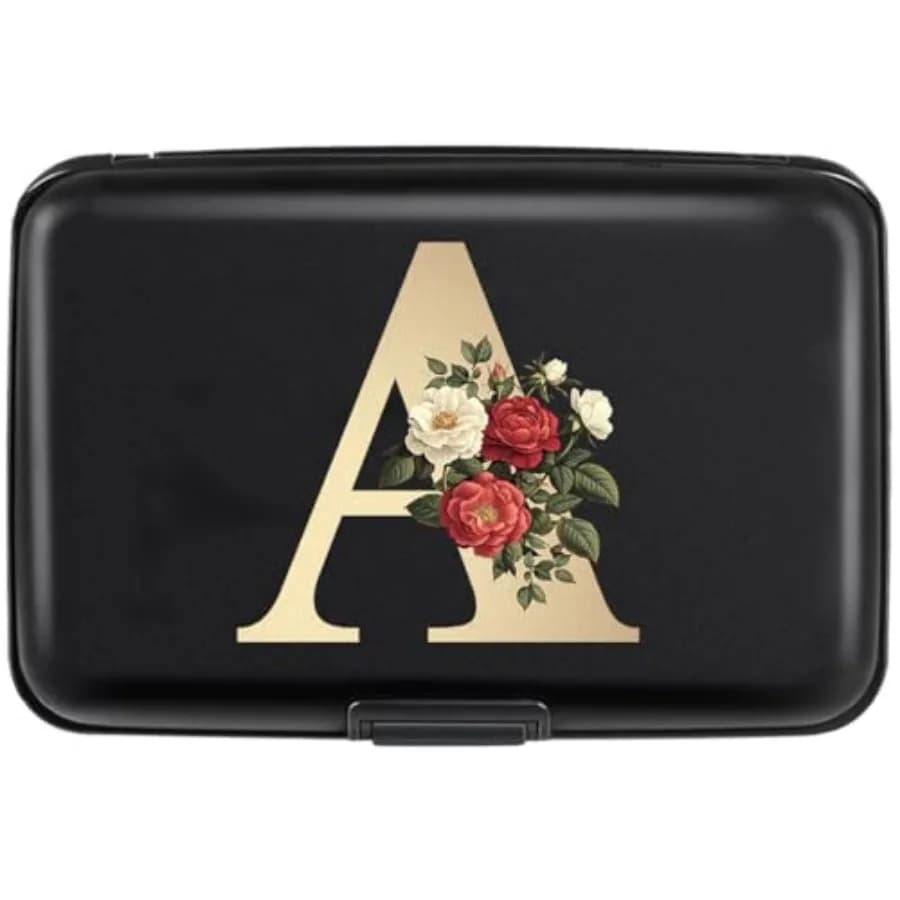 Credit Card Holder Personalized Initial Letter A Small Aluminum Wallet Rose Flower Card Case RFID Blocking Wallets for Women an
