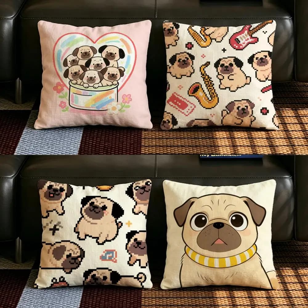 Set di Federe per Cuscini C-Cartoon Pet Pug-S in Lino Naturale, Decorazione Completa per Divano, Camera da Letto e Sedia