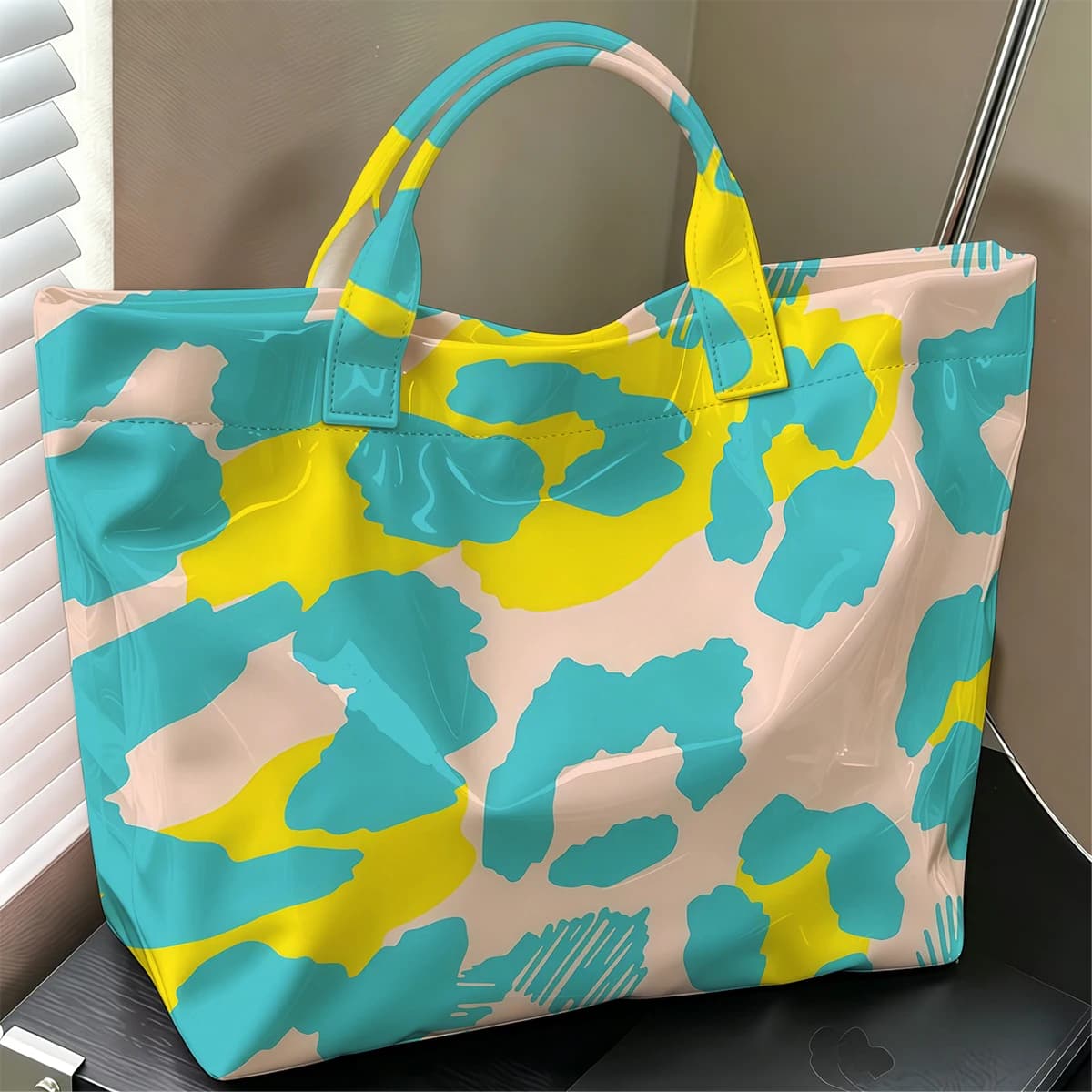 Cheetah Pop Stylish Large Glossy PVC Tote Bag Washable Waterproof Durable Ideal for Travel Commute Cosmetics Books Handbags