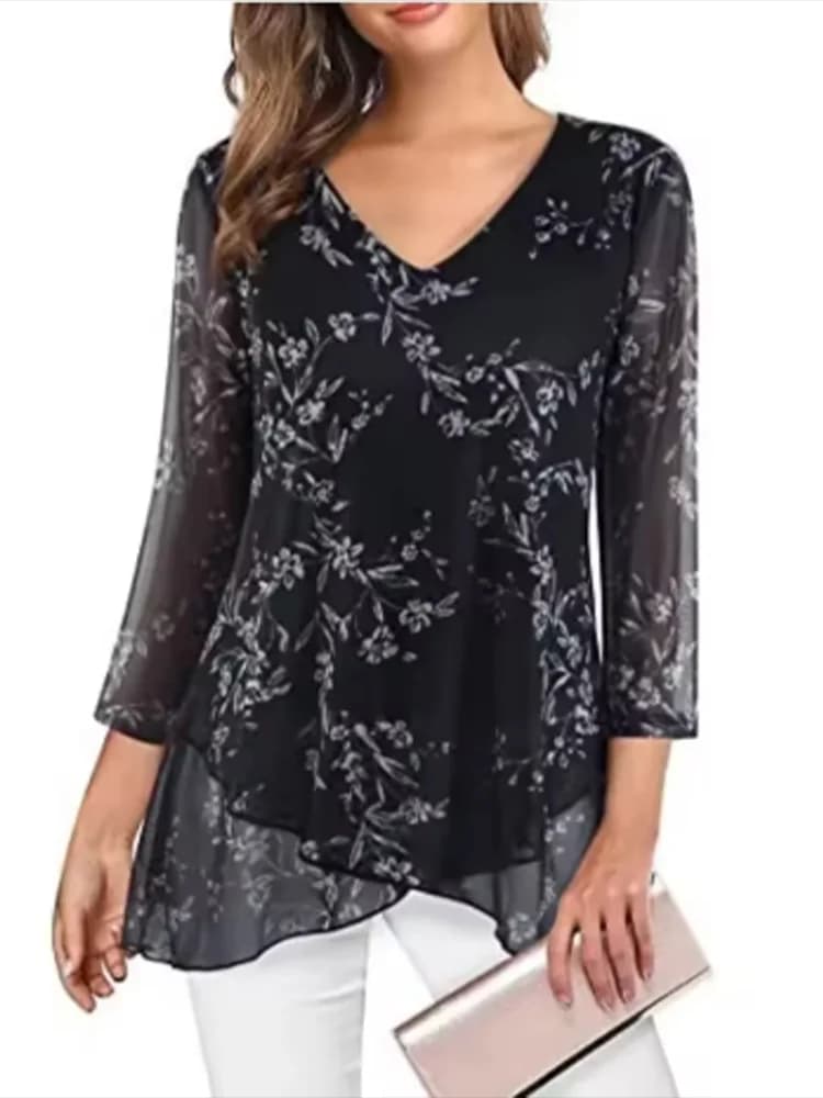 T-shirt da donna casual pieghettata a maniche lunghe stampata con scollo a V Street Versatile ed elegante stile pendolarismo Top primaverile