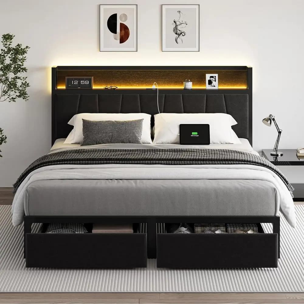 Double bed with platform, container, charging station, LED lighting, durable, does not require top