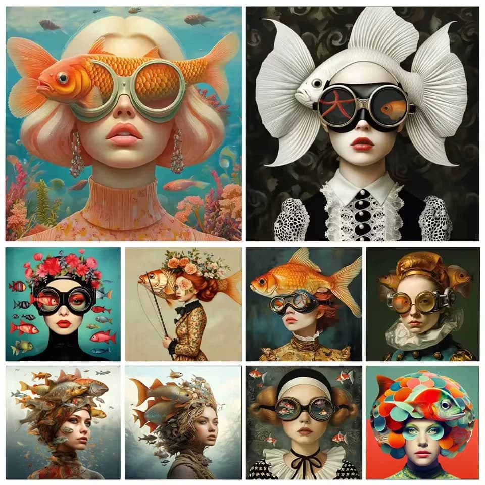 Kit Ricamo 5D Fai da Te Mosaico Completo con Pittura Diamantata e Punto Croce, Ritratto Surreale di Donna-Pesce e Ragazza Magica Subacquea, Stile Gioiello
