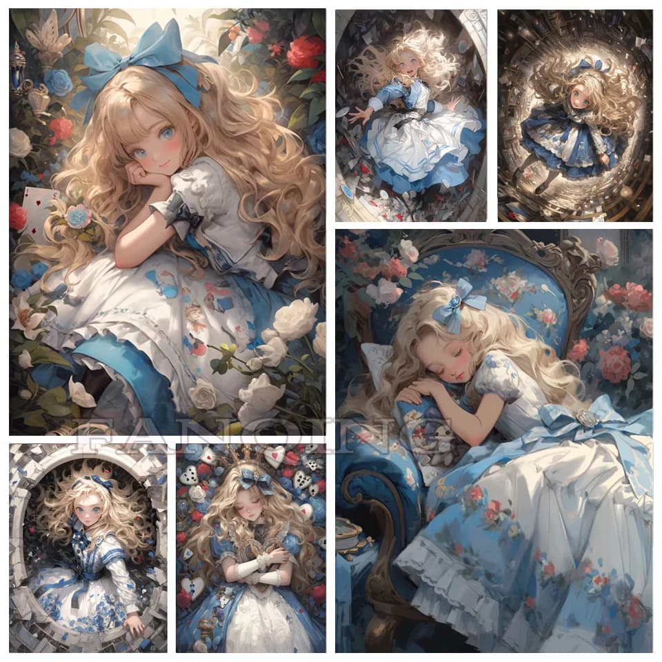 Pittura Diamante 5D Senza Cornice, Tema Fiabe: Nuova Ragazza che Viaggia nel Paese delle Meraviglie, Ricamo Diamante Completo Fai da Te, Mosaico
