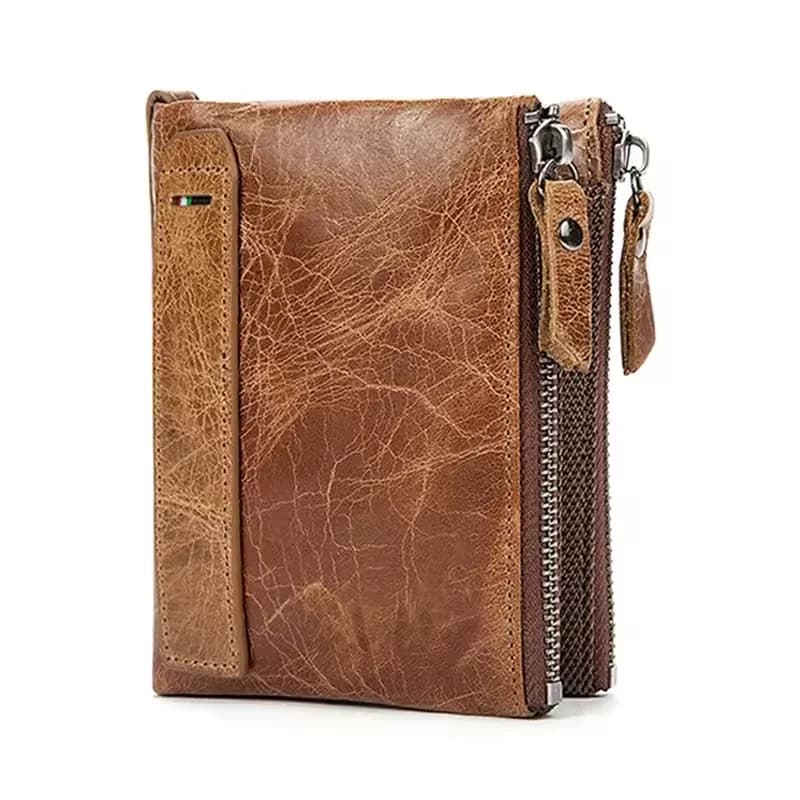 Nuovo Portafoglio Classico in Vera Pelle per Uomo con Protezione RFID, Porta Carte, Doppia Cerniera e Tasca per Monete, Portafoglio Corto in Pelle