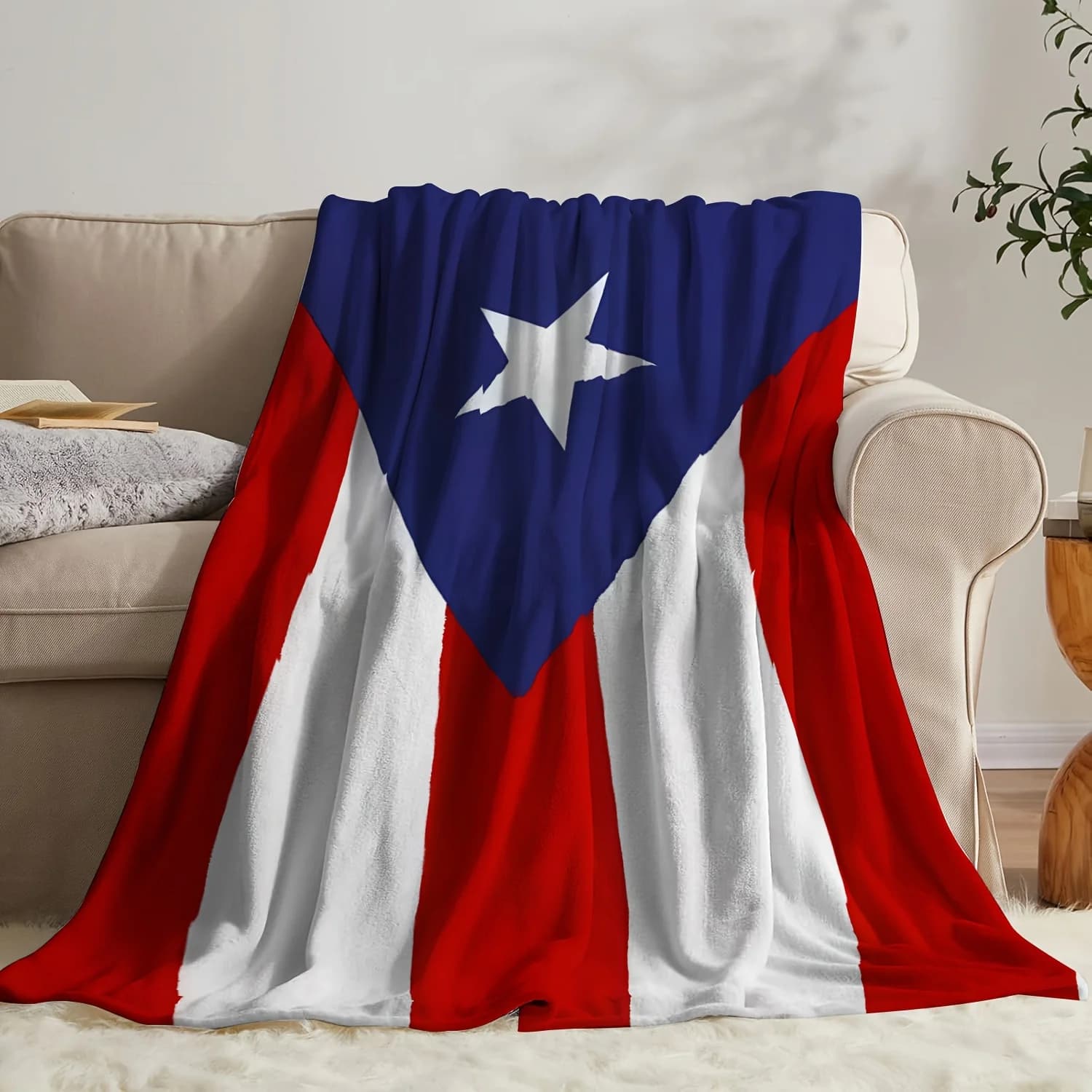 Cover in flannel with Puerto Rican flag, extra large soft bright colors, for sofa bed, office, camping, patriotic furniture
