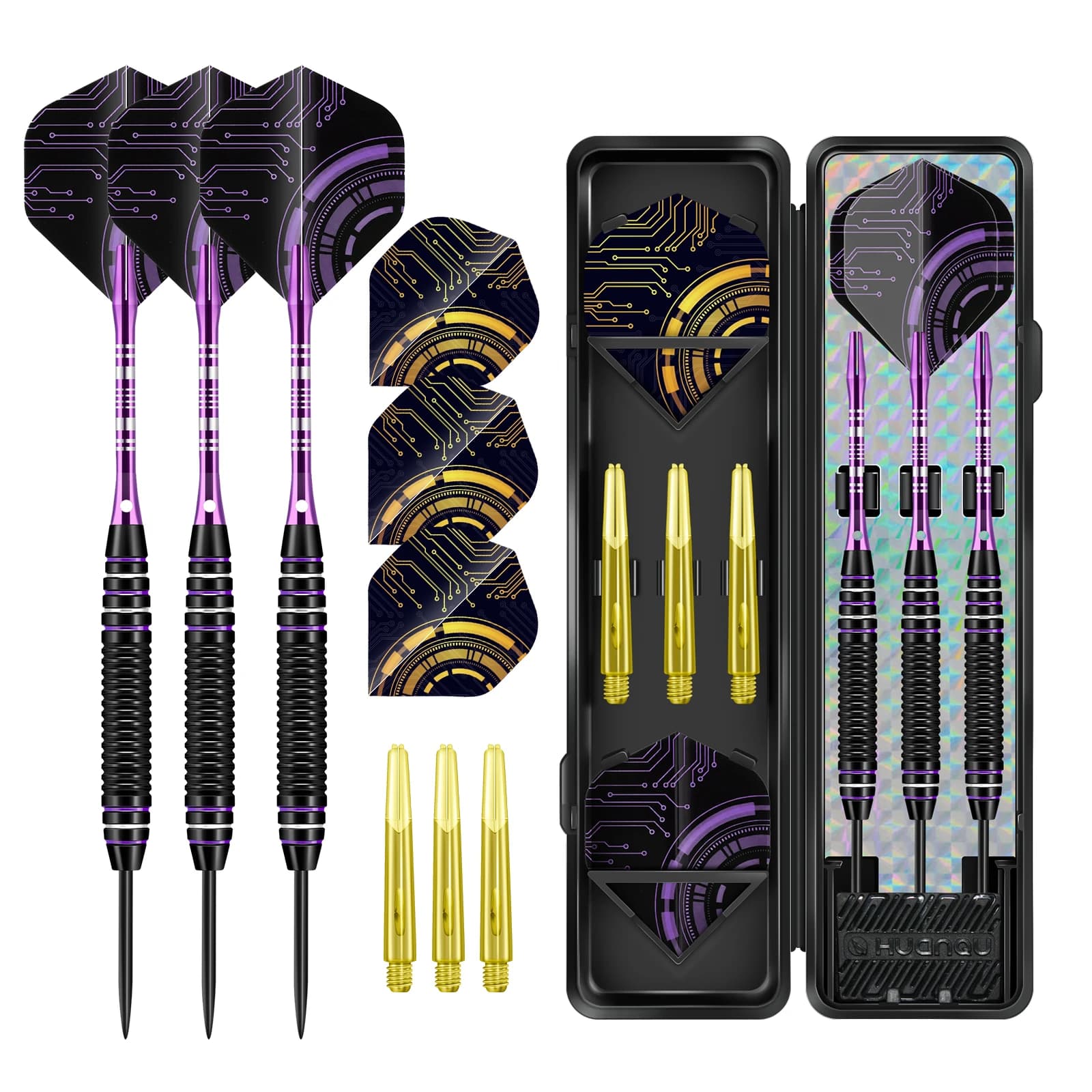 20g Iron Hard Tip Darts Set, Anti-Slip Grip, Black Purple Flights, Spare Shafts & Flights with Case, for Training & Parties