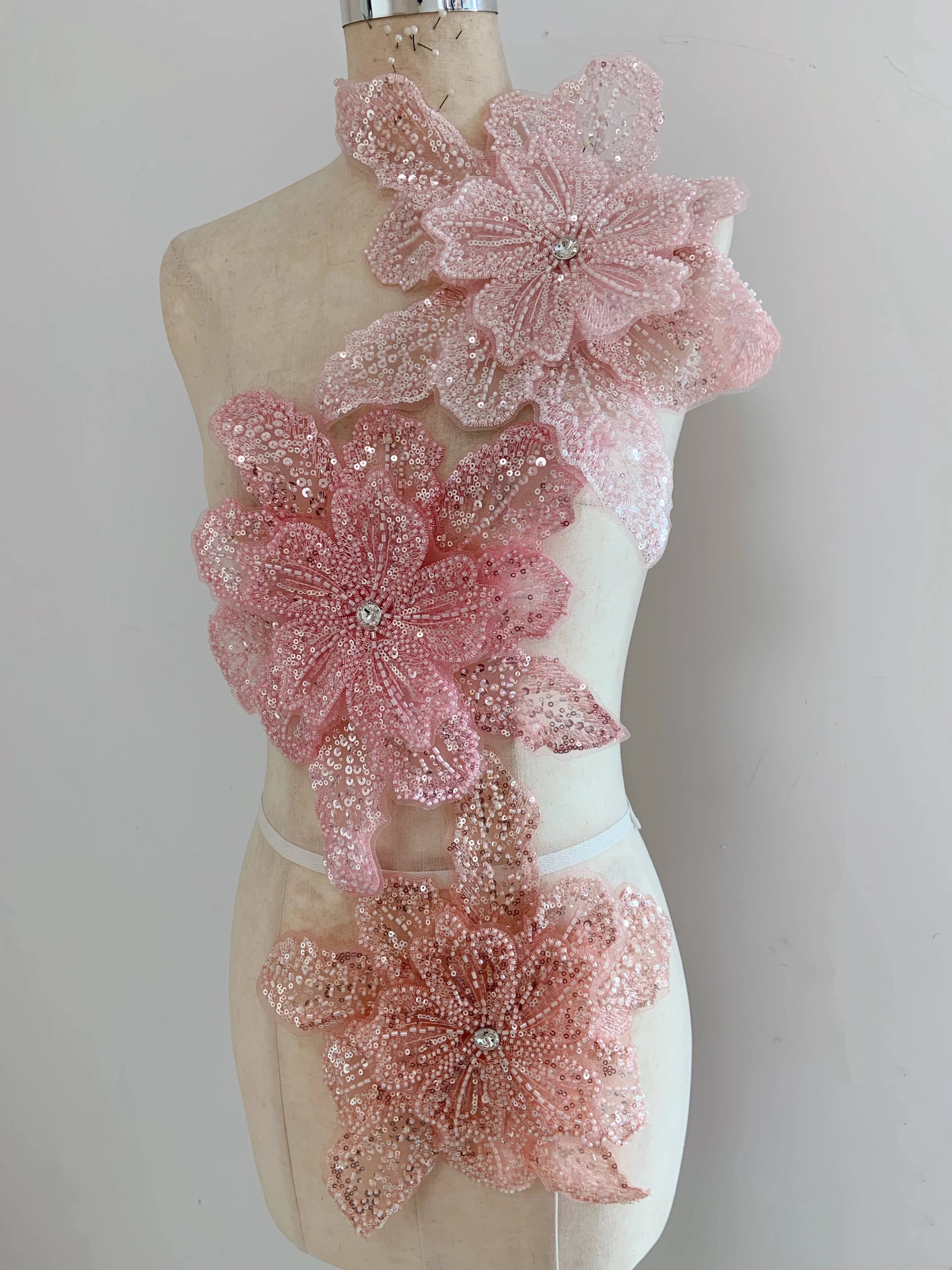 Pink Seed Bead Sequins Flower Lace Rhinestone Applique for Wedding Dress Patch Sewing,Ball Gown Supplies