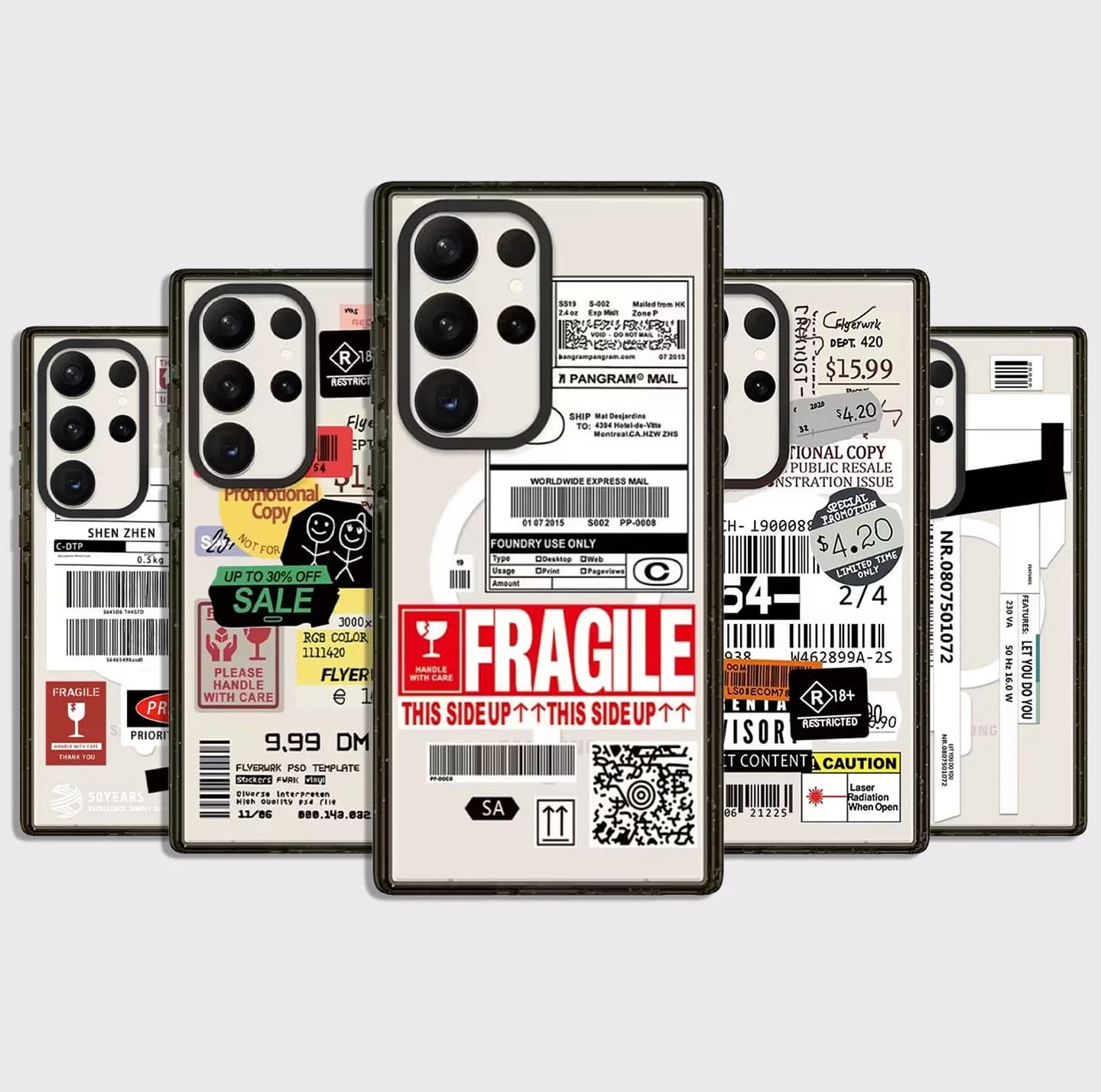 Custodia con Etichetta Fragile e Bordo Nero in Acrilico per Samsung Galaxy S26 S25 S24 S23 Ultra S26U S24+ S25+ S26 Plus