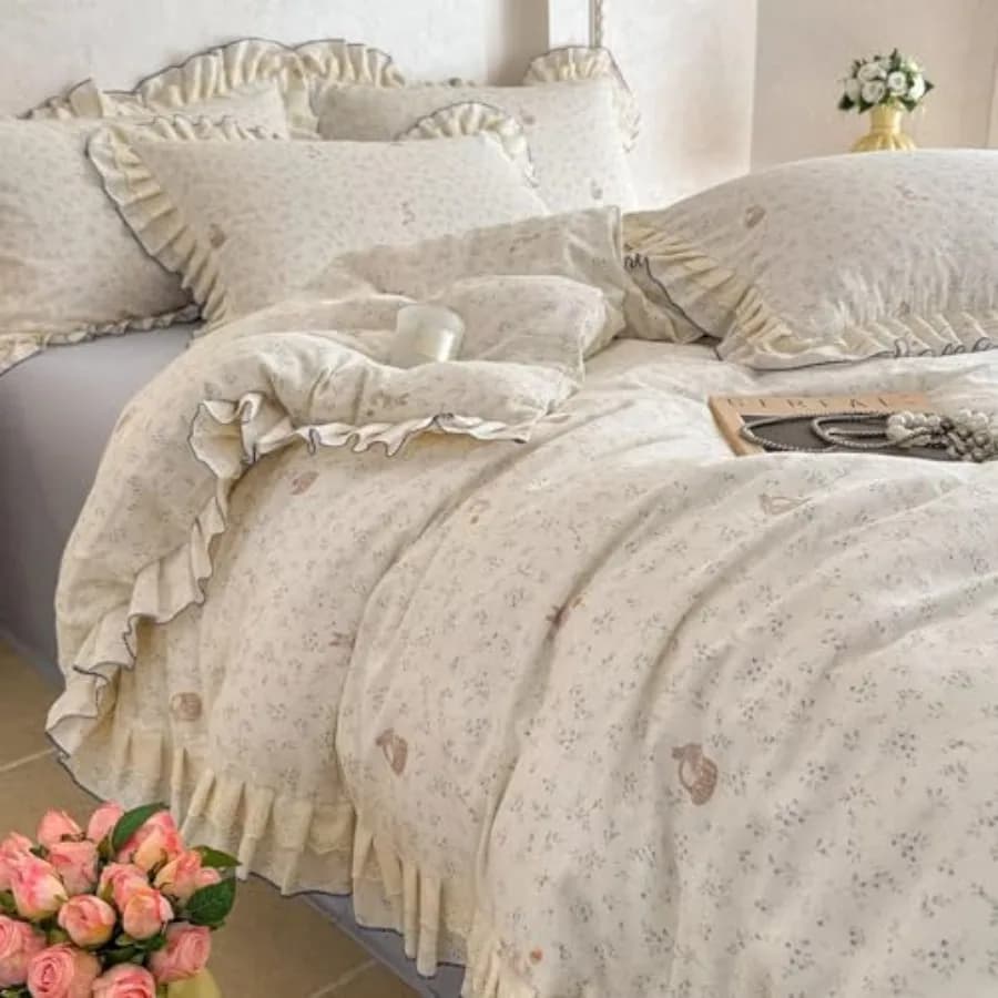 Set Floral Cover Set with Rabbit Pattern, 100% Cotton Leather, Set Bed Linen with 1 Copripiumin and 2 Faithful with Volant, For All Seasons