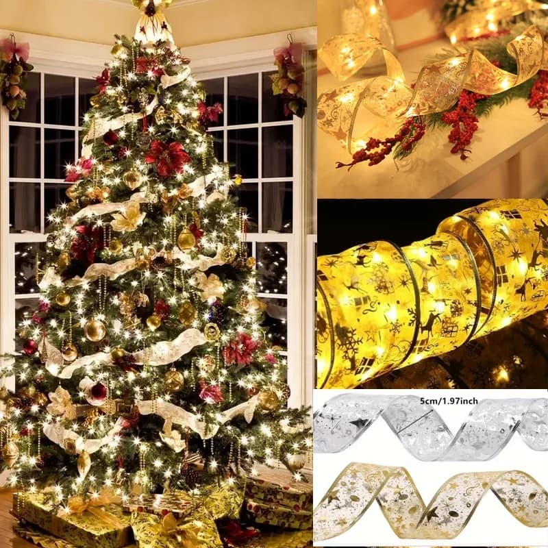 1 pz Nastro natalizio Lucine Ghirlanda di nastri per albero di Natale Ghirlanda d'oro Decorazioni natalizie Decorazioni per feste al coperto