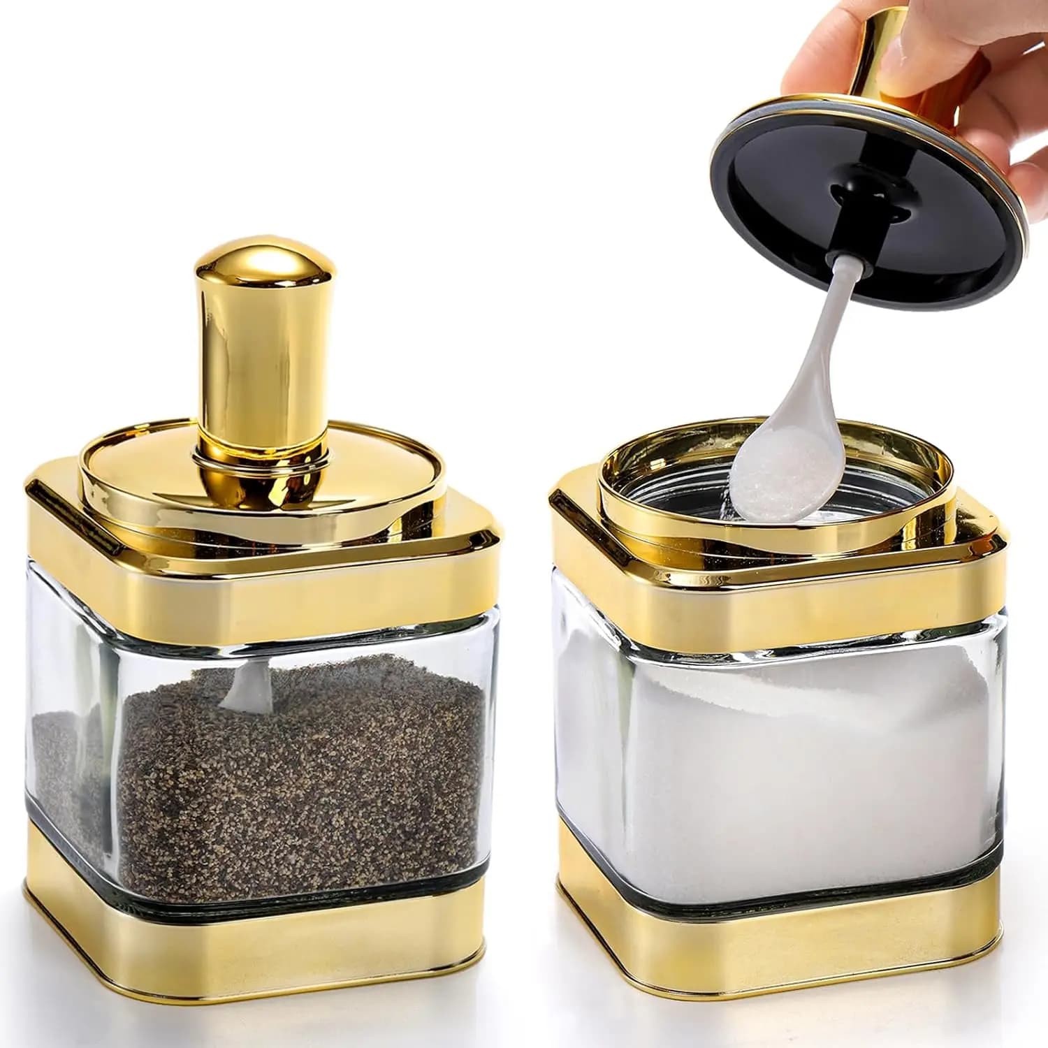 Set di 2 Barattoli in Vetro per Condimenti, Contenitori Dorati da 350 ml con Cucchiaio, Set per Sale, Zucchero, Contenitori da Cucina