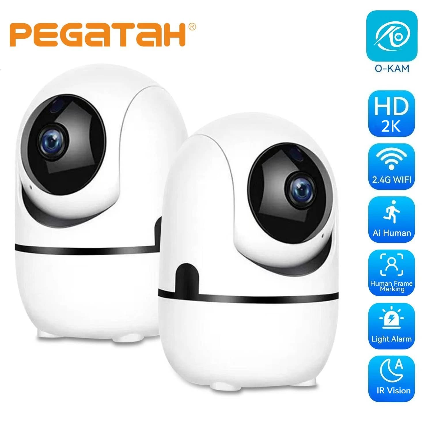 Telecamera Wi-Fi Smart Home PEGATAH 2K 360° ° Telecamera di Sicurezza PTZ con Tracciamento Automatico, Rilevamento AI, Visione Notturna, Monitor per Bambini O-Kam