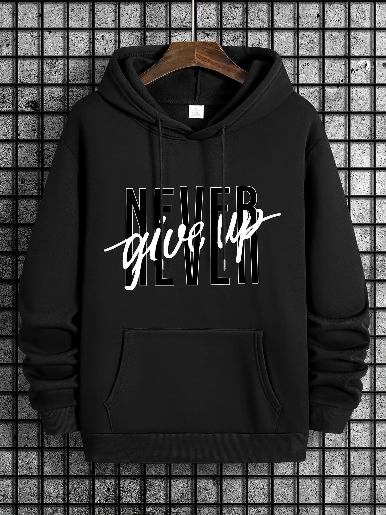Felpa con cappuccio Trendy Never Give Up - Felpe con cappuccio alla moda da uomo - Manica lunga, coulisse, tasca, abbigliamento quotidiano all'aperto, comoda