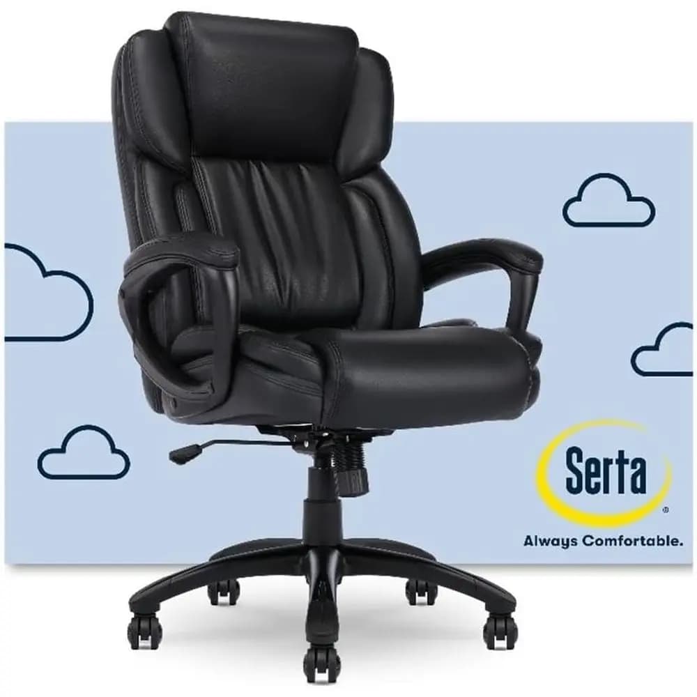 Sedia da ufficio ergonomica con supporto lombare, cuscino semi-morbido, braccioli imbottiti, base girevole, pelle sintetica, nero spaziale