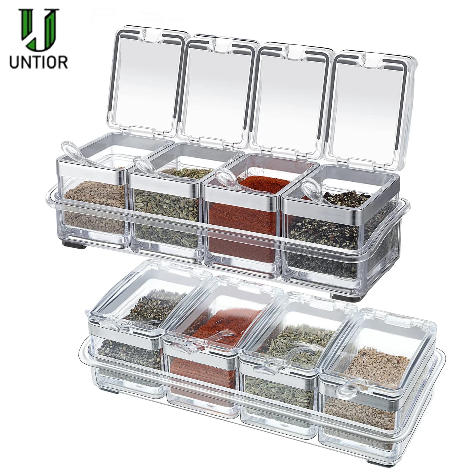 Set di scatole per condimenti trasparenti da 4 pezzi, contenitori per condimenti, barattoli per condimenti, sale, zucchero, galhetta, cremagliera per condimenti, vasi per spezie con coperchio