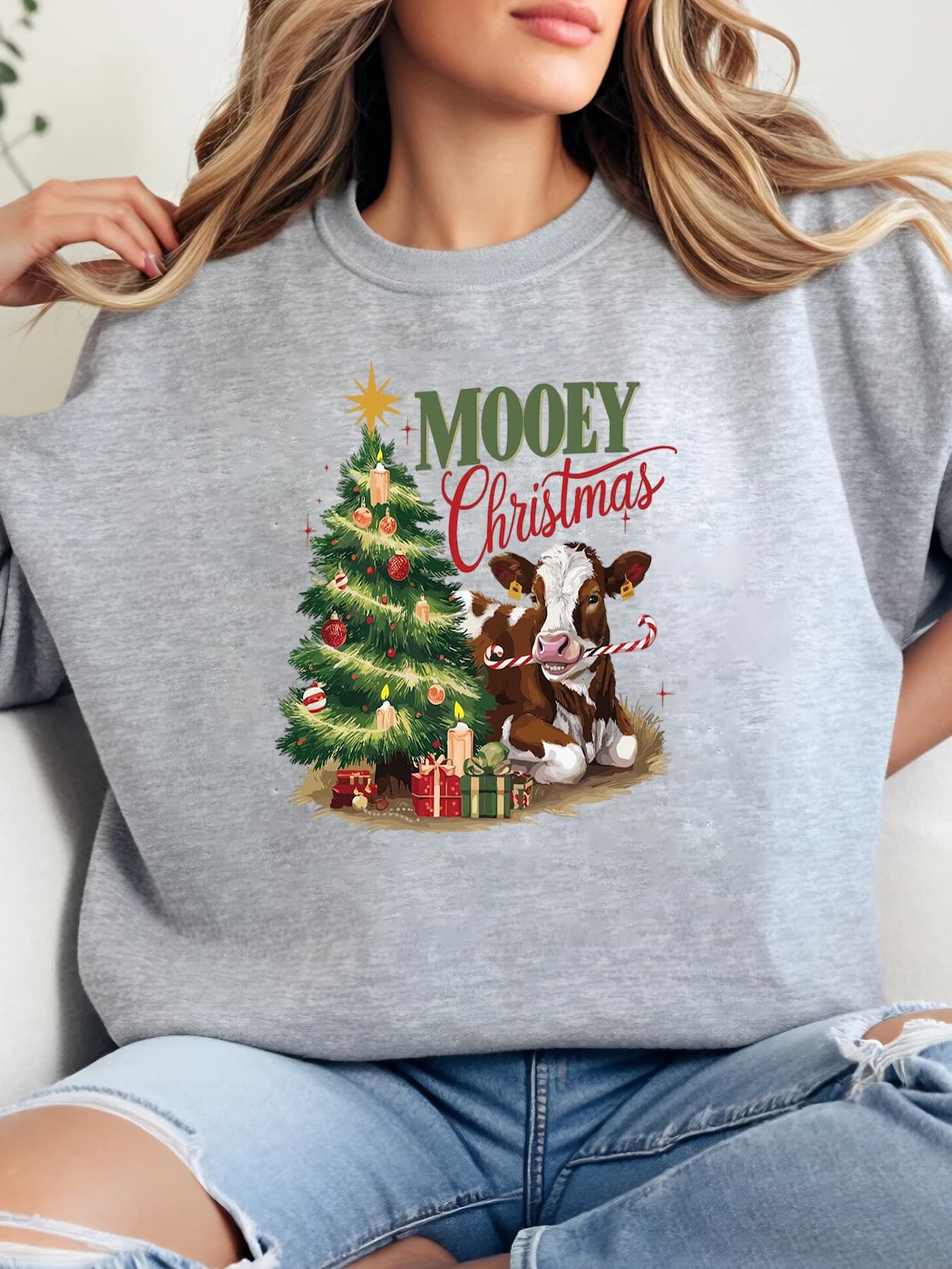 Mooey Christmas sweatshirt with cow print and tree for holidays Woman Winter casual Clothing Grey Strong cuts