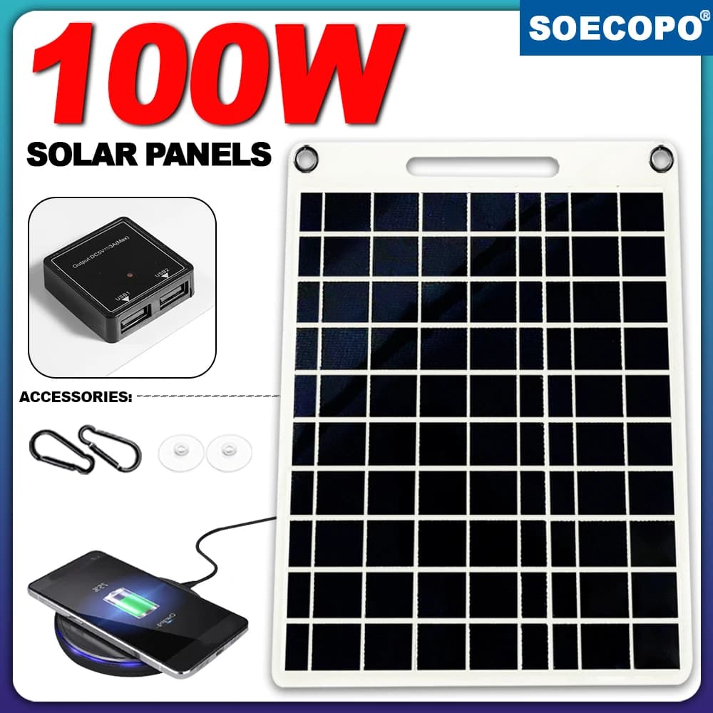 Pannello solare impermeabile da 100 W Caricatore solare portatile doppio USB 5 V per la ricarica della banca di potere del telefono di emergenza di campeggio all'aperto