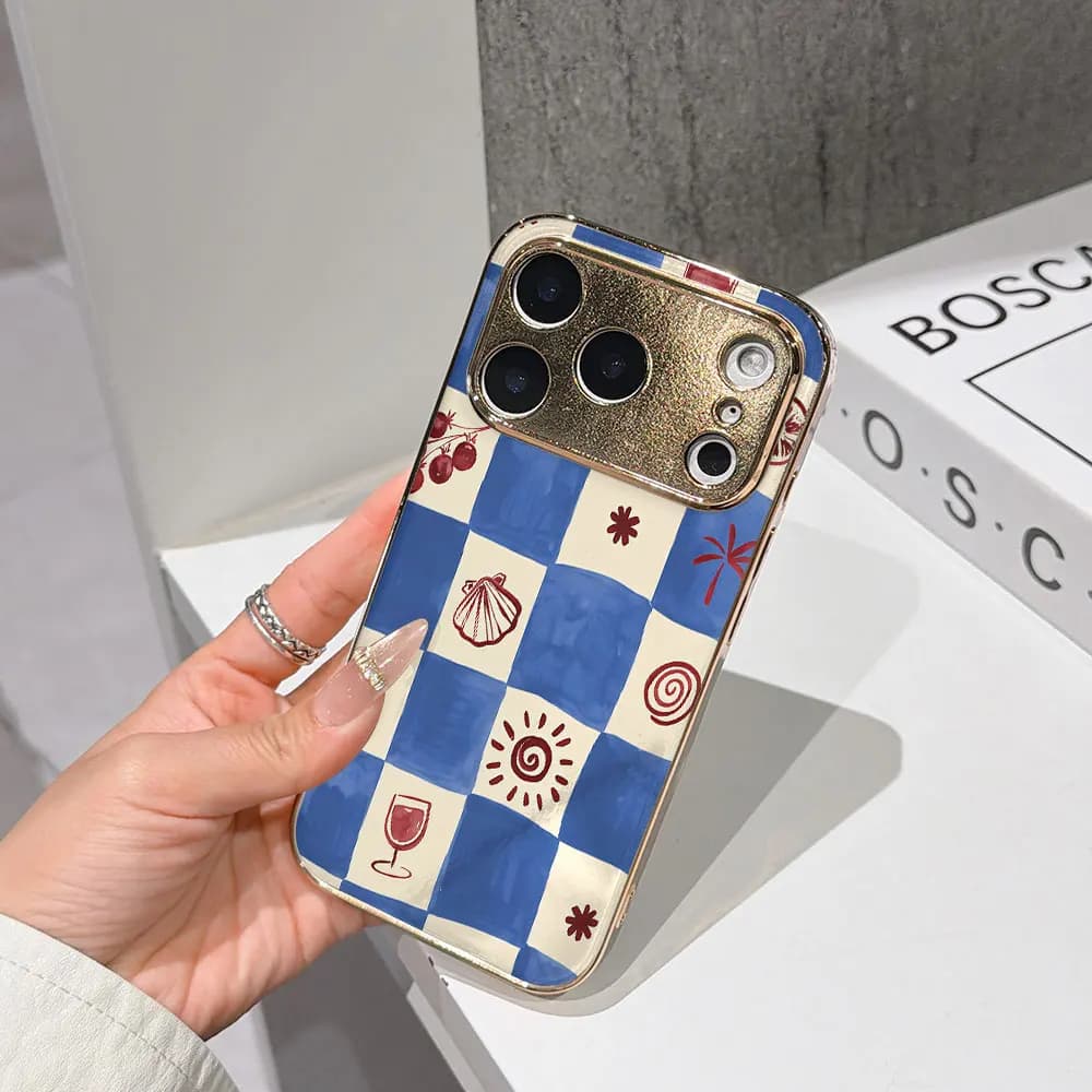 Custodia Horizon per iPhone 17 16 15 14 13 12 11 Pro Max 16E, con guscio in vetro galvanizzato oro e cover a quadri blu e rosso