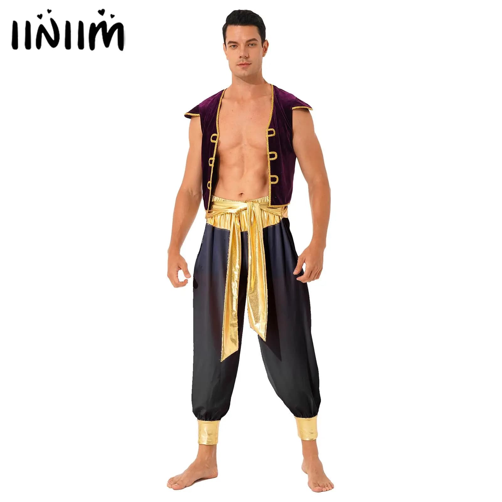 Costume cosplay di carnevale da uomo persiano arabo principe re set taglio intrecciato gilet aperto sul davanti con pantaloni gioco di ruolo vestire
