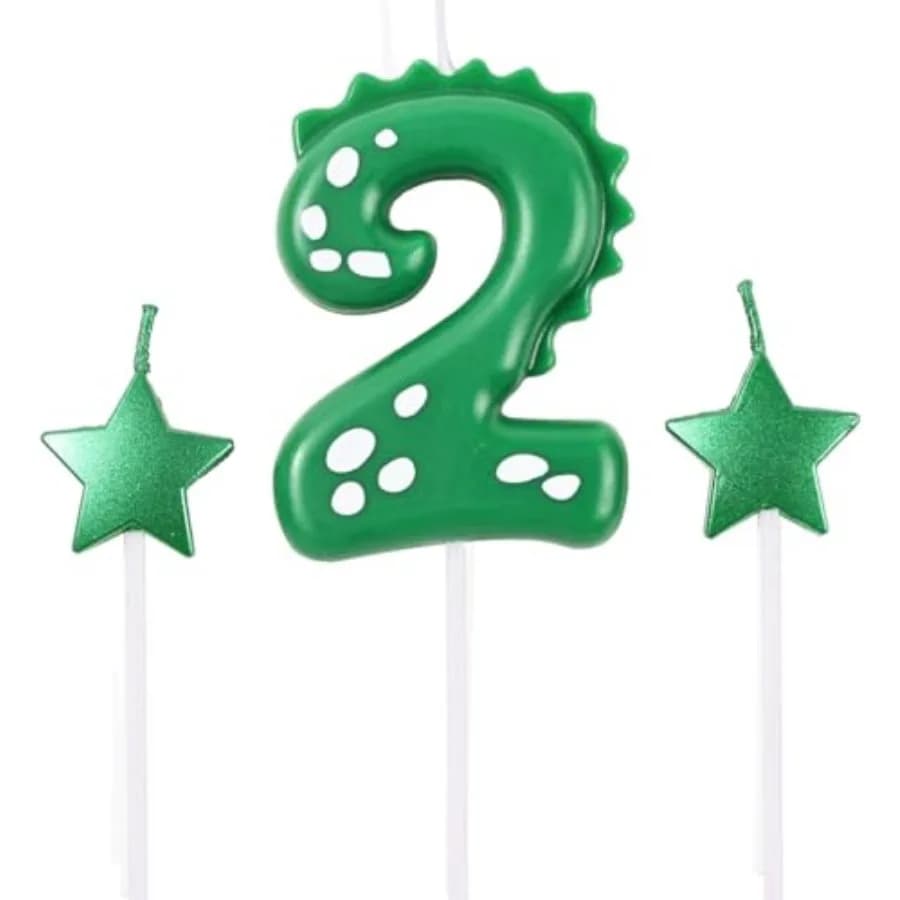 2.75 Inch Green Dinosaur Shaped 2 Number Birthday Candles and Star Birthday Candles, Suitable for Dinosaur Birthday Decorations