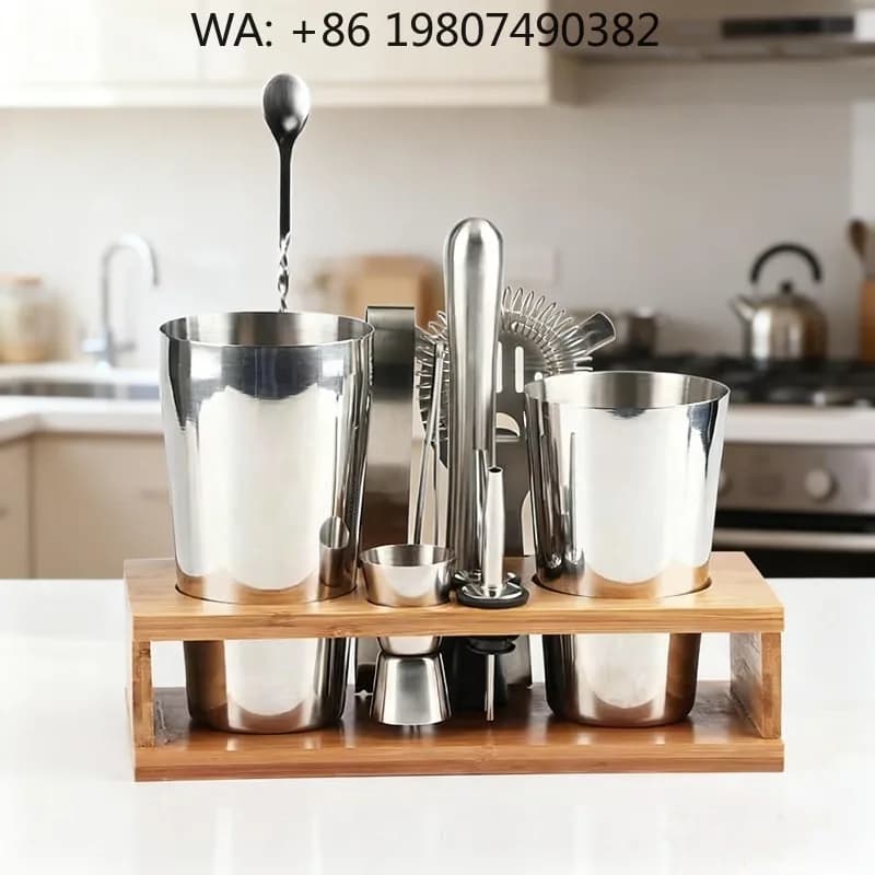 Bamboo Stand Complete Cocktail Making Kit, 11Pcs Stainless Steel Boston Style Shaker All Bartender Tools For Daily Party Use