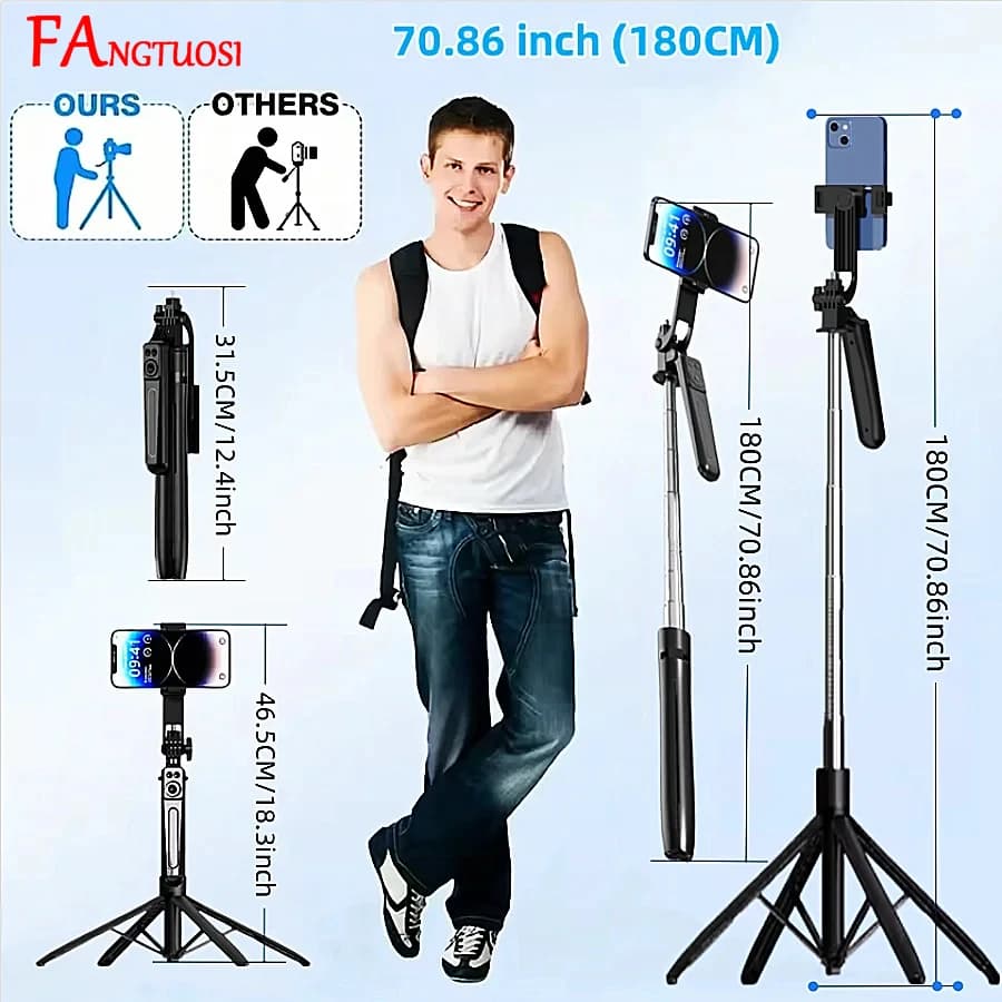 FANGTUOSI Nuovo treppiede per selfie stick stabilizzatore portatile da 180 cm per smartphone con staffe intelligenti remote Bluetooth per telefono