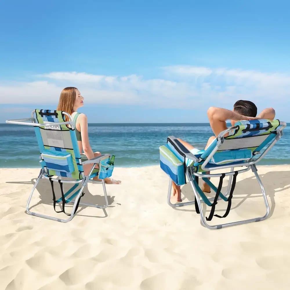 Sedia da Spiaggia Alta 2 Pezzi, Leggera, Sedia da Spiaggia a Zaino per Adulti con 5 Posizioni, Borsa Termica, Portabicchieri, Porta Asciugamani, Leggera