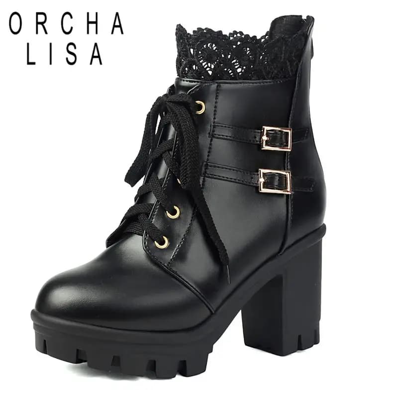 ORCHA LISA 2025 Sweet Female Ankle Boots Round Toe Chunky Heels 9cm Platform Zipper Lace Up Belt Buckle 42 43 Lolita Daily Bota