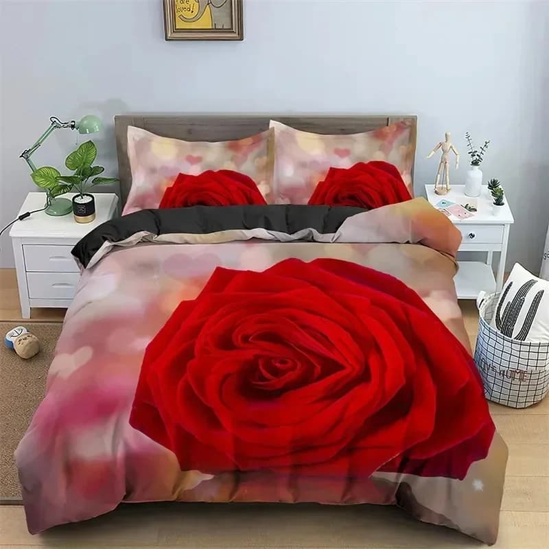 Stampa 3D floreale rosa rossa fiori romantici San Valentino comodo copripiumino copripiumino federa set biancheria da letto camera da letto per bambini