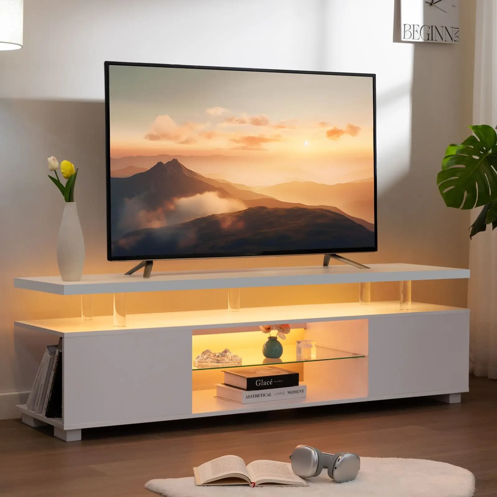 Supporto TV LED Cubehom Centro di intrattenimento bianco, centro giochi per TV da 60 65 pollici con archiviazione, supporti TV per giochi