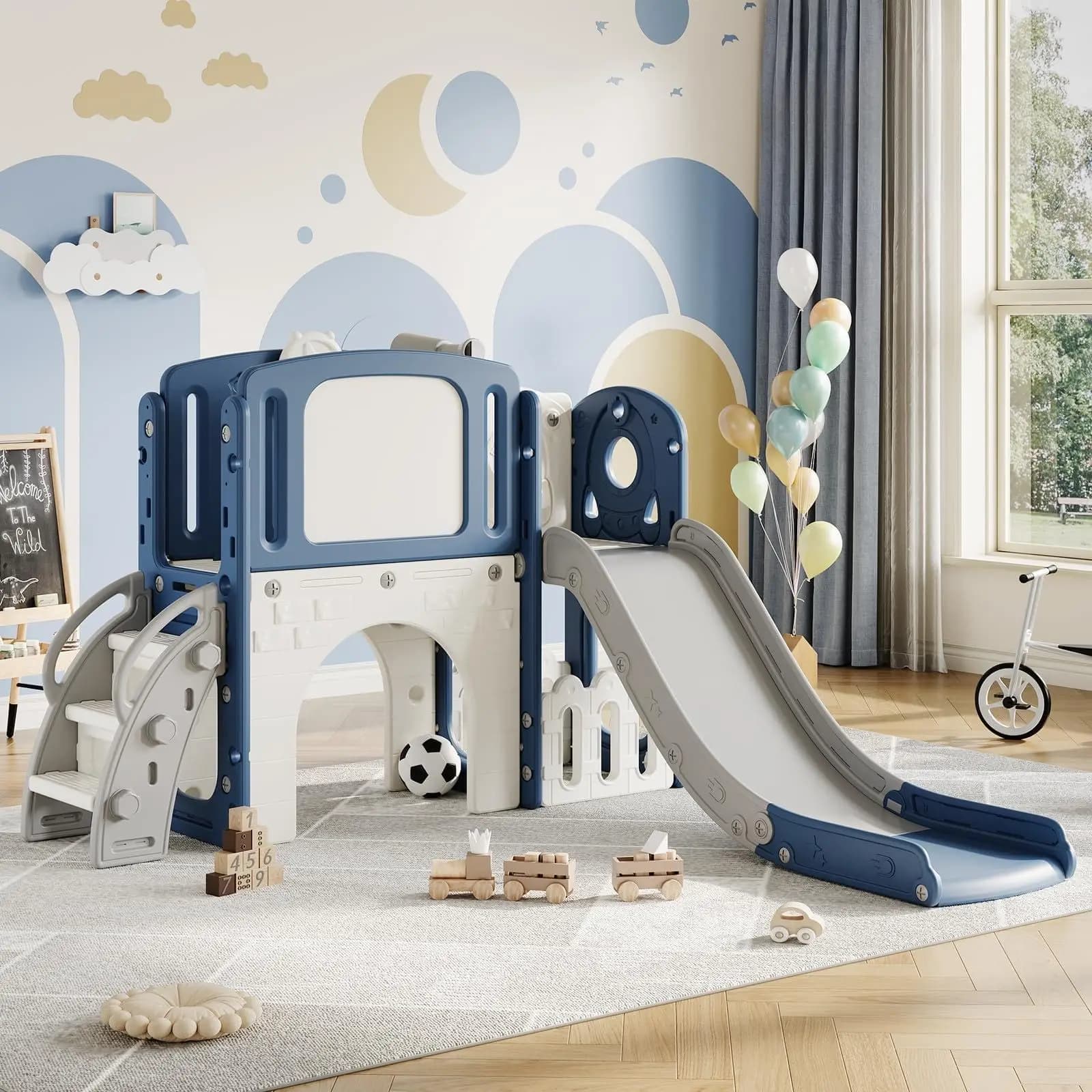 Set da gioco 8-in-1 per bambini con scivolo, arrampicata, centro attività per interni ed esterni, canestro da basket, tunnel e vano portaoggetti per il giardino