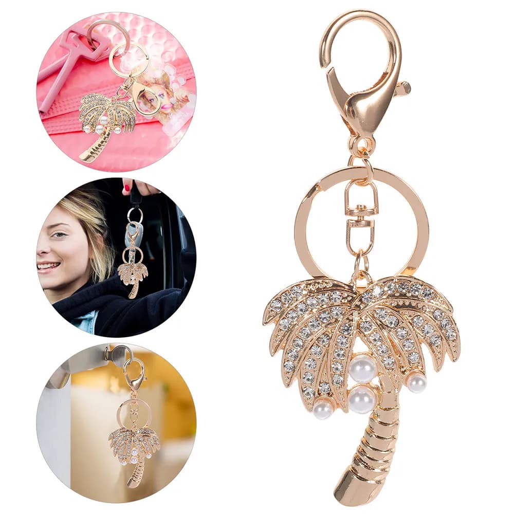 2Pcs Pearl Keychain Rhinestone Coconut Tree Charm Elegant Bag Pendant Backpack Accessories Car Key Ring Purse Charms