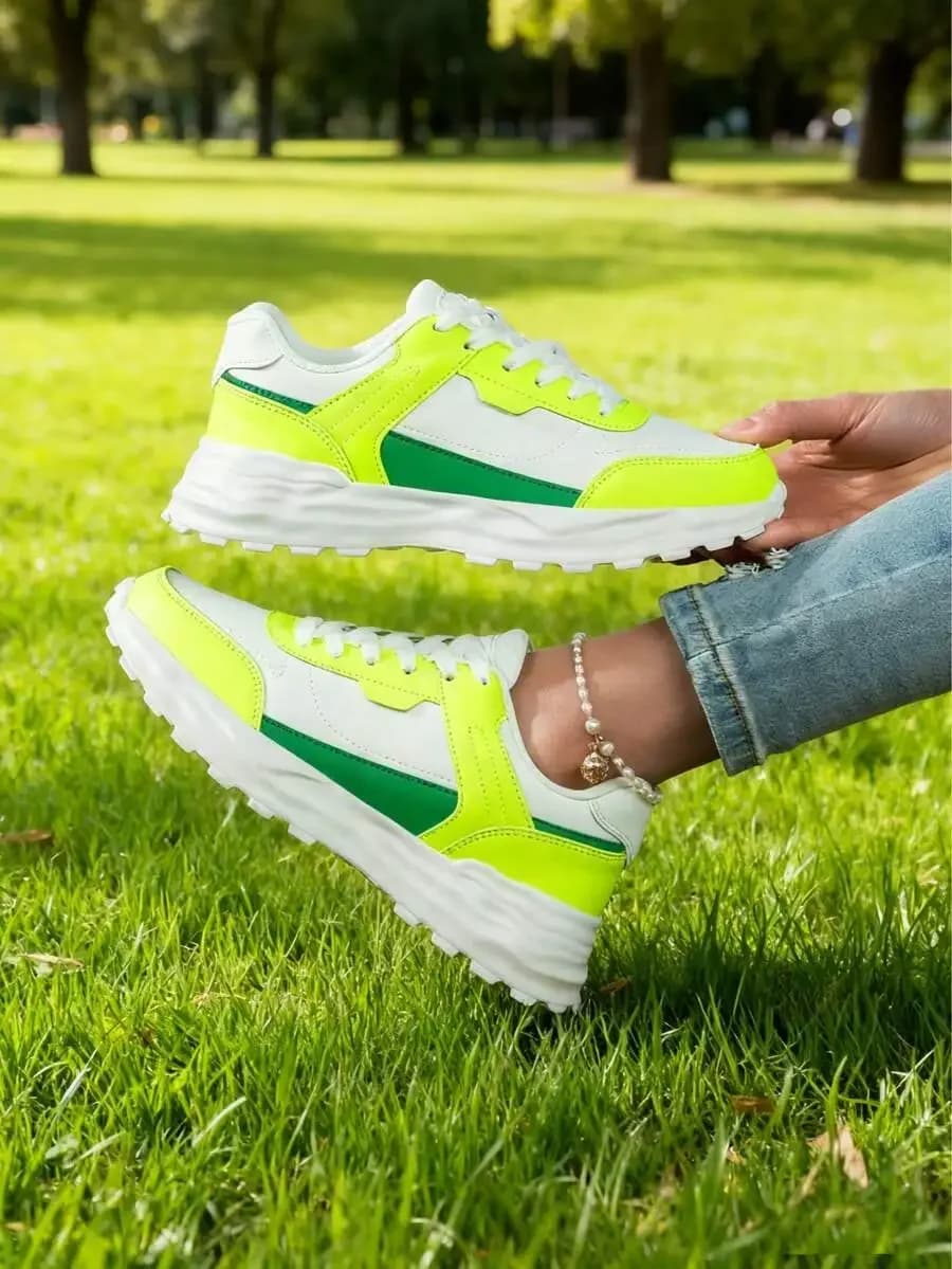 Sneakers Casual da Donna Verde Fluorescente e Bianco, Comode e Traspiranti per Camminata e Corsa