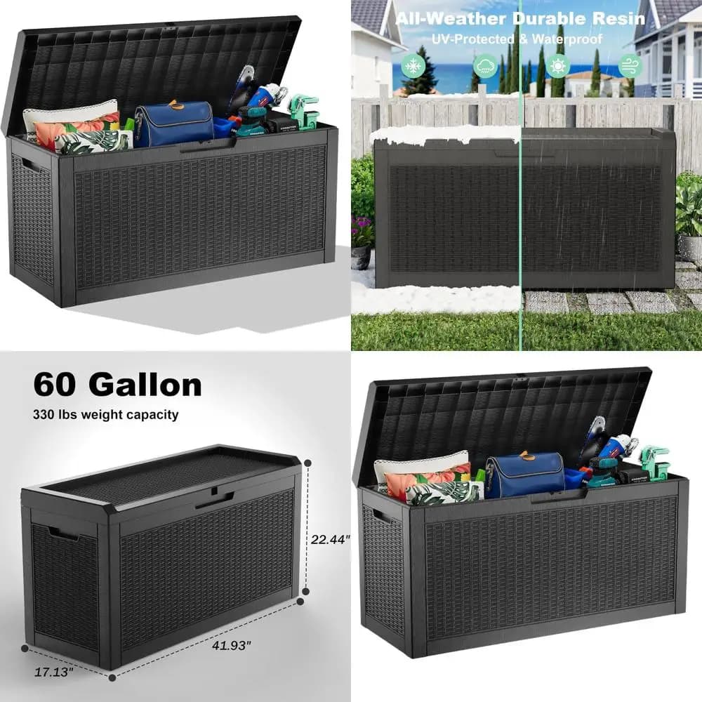 Contenitore da Esterno con Chiusura di Sicurezza da 60 Galloni - Resistente alle Intemperie e ai Raggi UV per Terrazza, Patio, Giardino e Attrezzature da Piscina (Nero)
