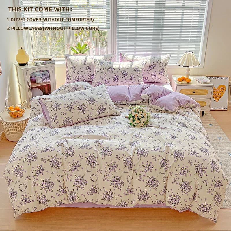 Set copripiumino con stampa lavanda da 3 pezzi (1 copripiumino + 2 federe, senza imbottitura), set biancheria da letto in tessuto morbido