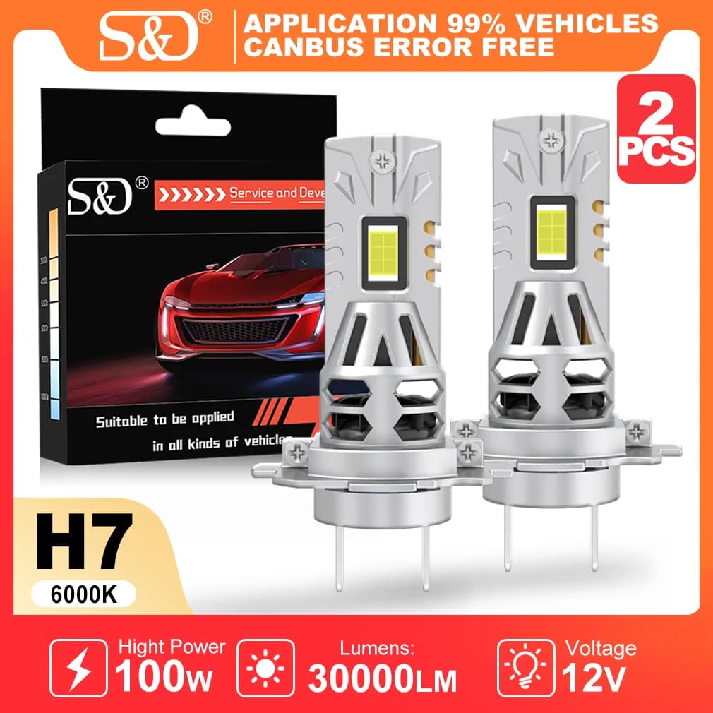 S&D H7 Faro LED 30000LM 100W Lampadina per fari per auto Super luminoso 6000K Bianco CANBUS Plug andPlay Faro automatico con ventola di raffreddamento