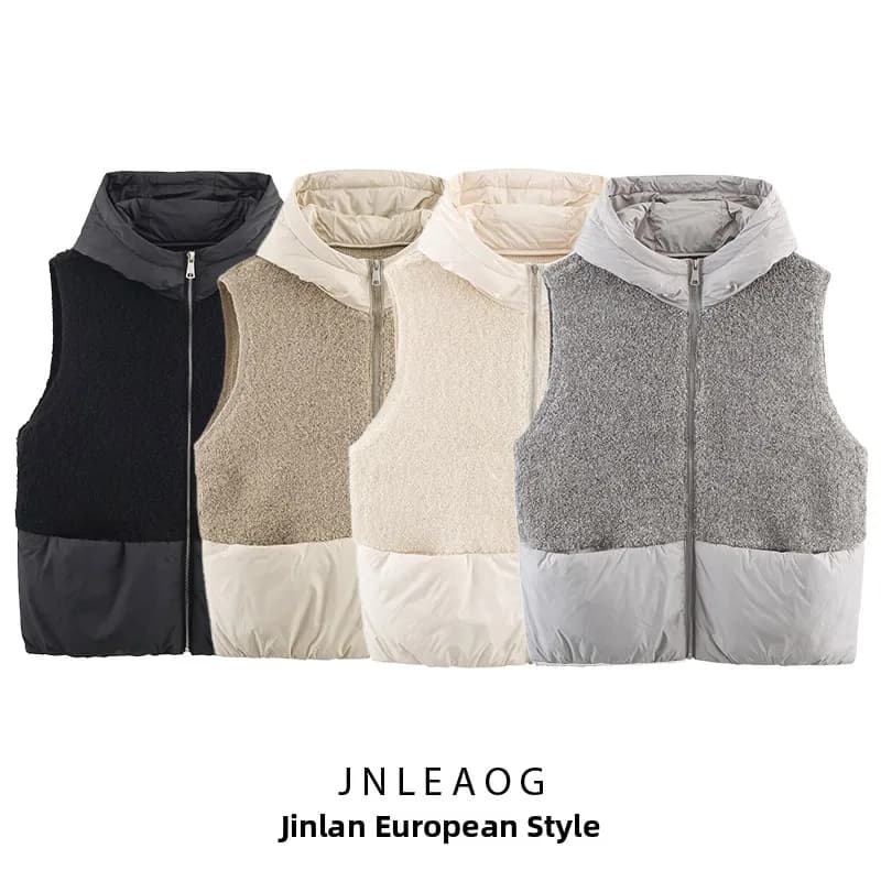 JNLEAOG Nuovo Gilet da Donna Autunnale in Maglia di Cotone Trapuntato con Cerniera, Senza Maniche, con Cappuccio e Patchwork in Fibra di Poliestere