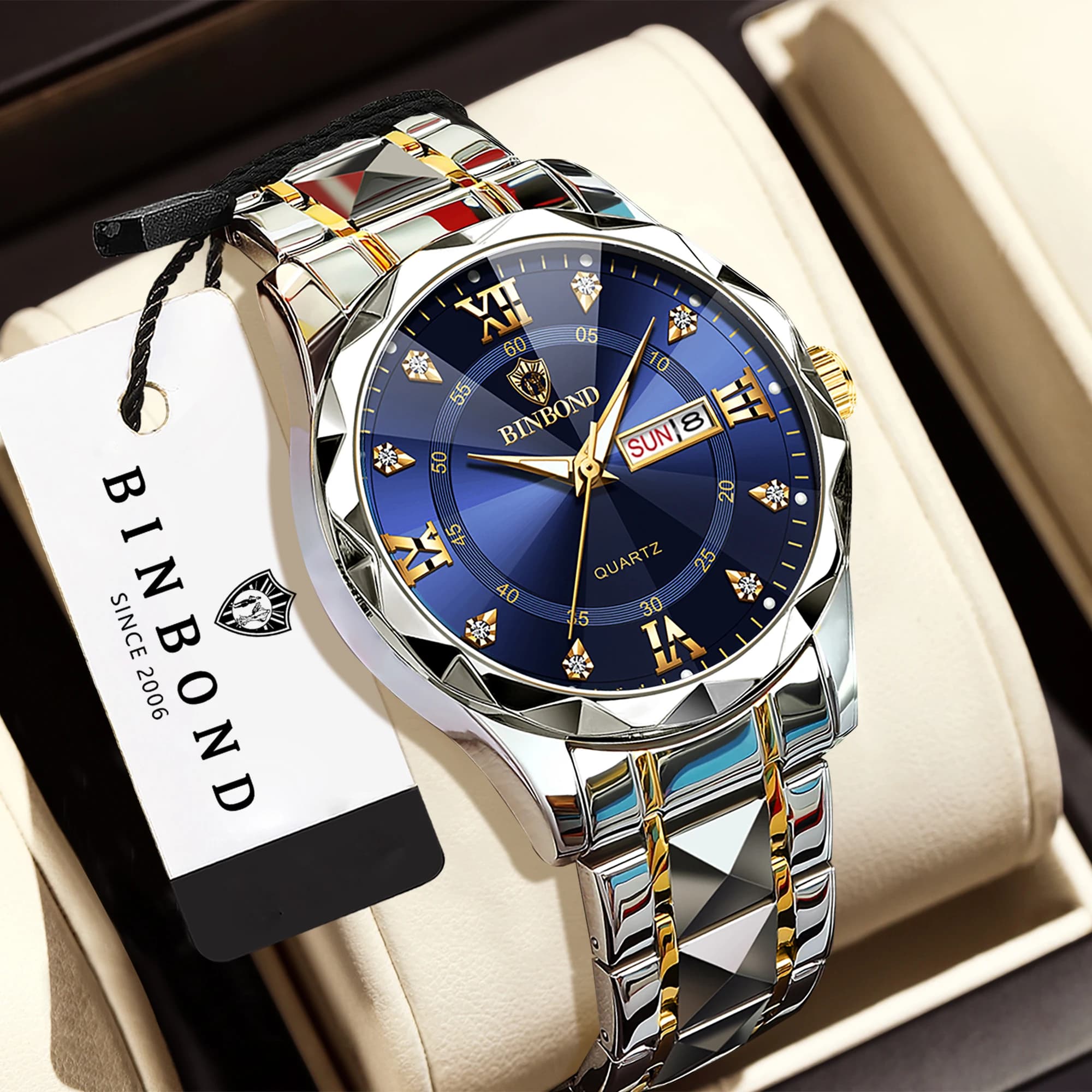 Orologio da uomo BINBOND di lusso, al quarzo, impermeabile, luminoso, con data automatica, cinturino in acciaio inossidabile, orologio da uomo alla moda, casual, sportivo.