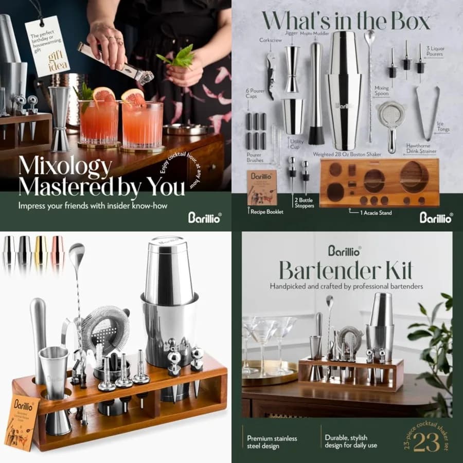 Set da Barman 23 Pezzi in Acciaio Inox con Supporto in Acacia Premium, Kit per Cocktail e Martini, Strumenti per Miscelazione per Bar Domestico