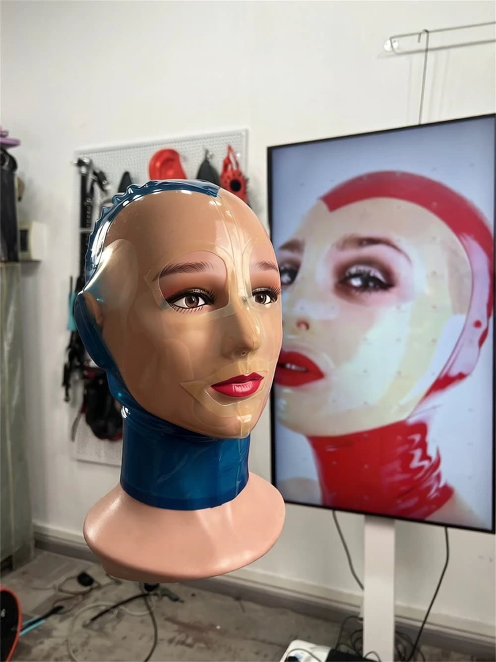 Rubber Mask Hood Transparent Face Blue Neck Separate Eye Mouth Cutouts Cosplay Shows Personal Wear