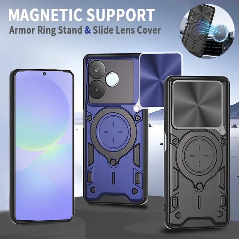 Custodia per OPPO A5 Pro 5G con Protezione Lente Scorrevole e Anello Magnetico, Cover Posteriore per Oppo A5Pro 5G, Armor in Silicone PC Funda